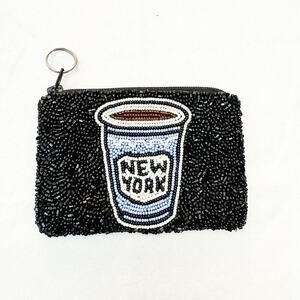 Tiana NY Style Coffee Cup Coin Purse Beaded Black Wristlet Bag